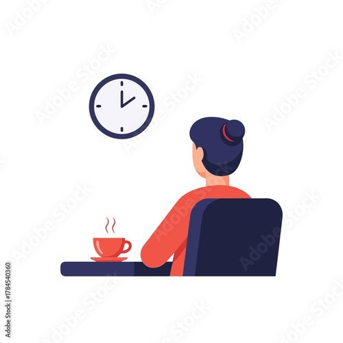 Woman taking a coffee break while watching the clock at work