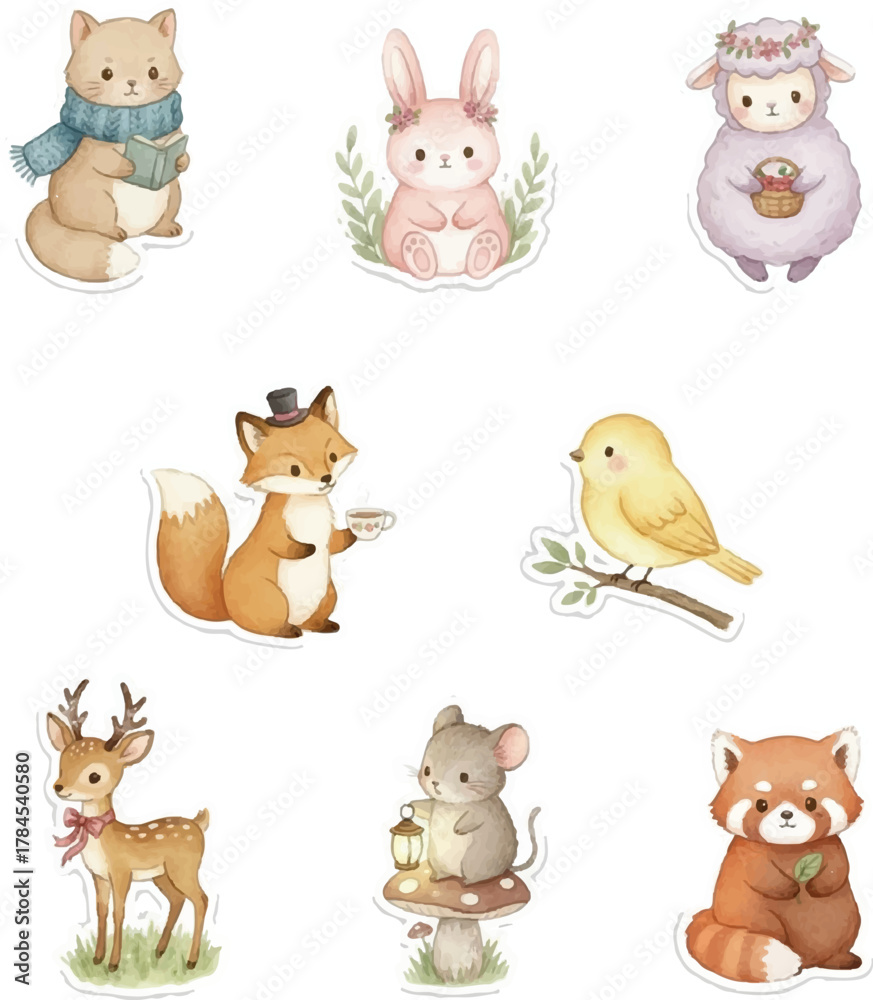 Naklejka premium Adorable Watercolor Woodland Animals Sticker Set