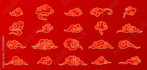 
Set of red and gold Chinese style clouds. Traditional Asian cloud ornament set inspired by classic culture and calligraphy art. Vector illustration.