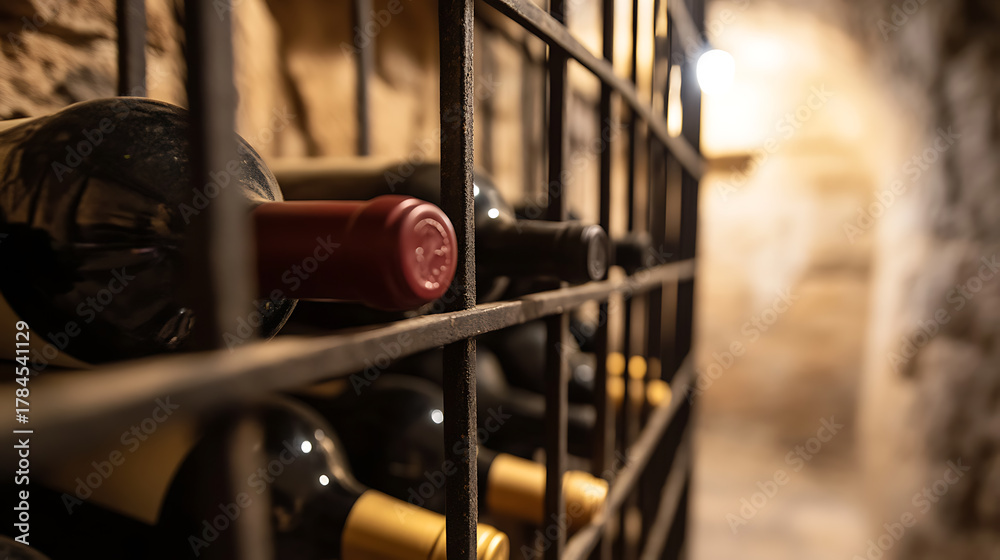 Naklejka premium A dimly lit wine cellar featuring a metal rack filled with wine bottles. A red-sealed bottle takes center stage, complemented by rows of wines in a rustic, timeless setting, creating ambiance.
