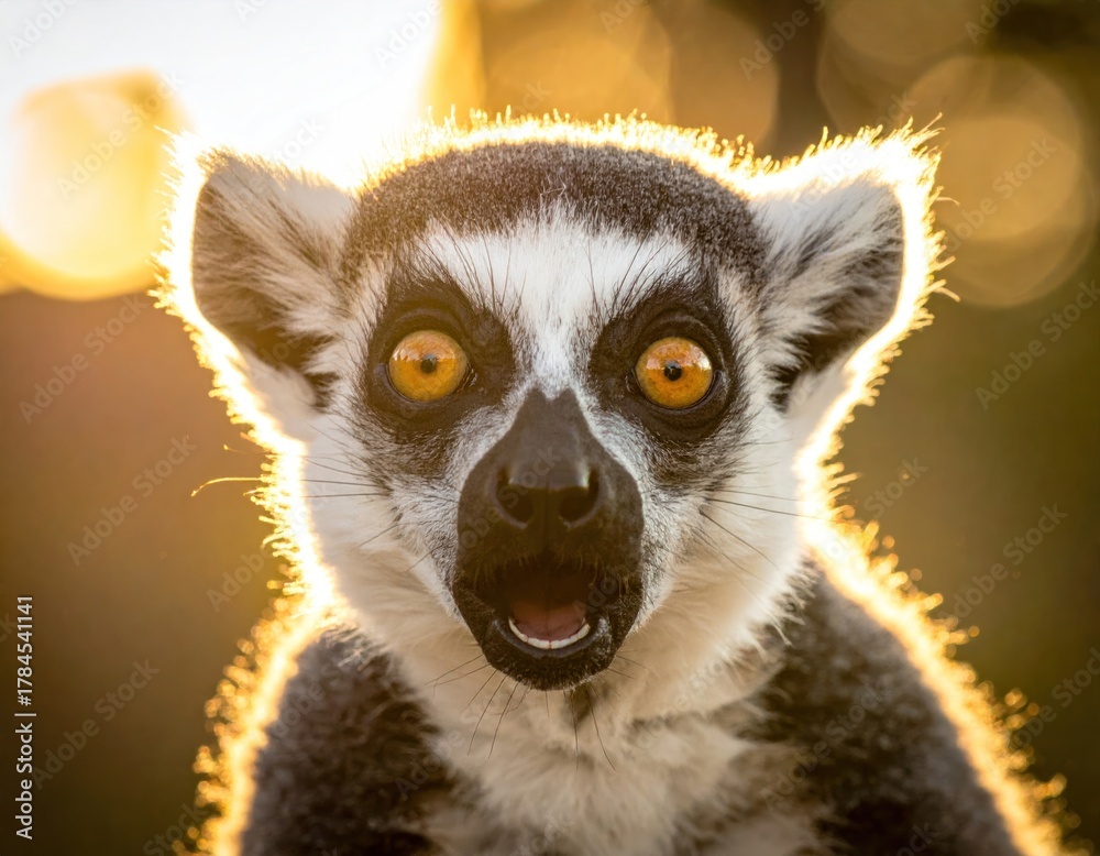 Obraz premium Close-up of a lemur with wide eyes, bathed in warm sunset light