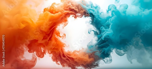Orange and blue smoke swirling together in a vibrant abstract explosion