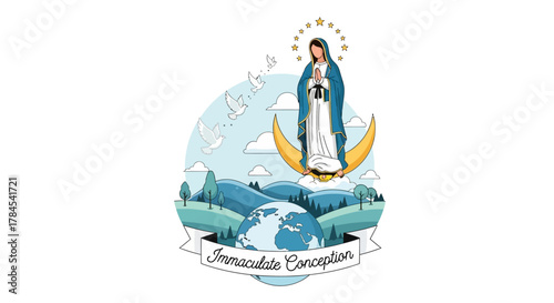 Immaculate Conception Illustration A depiction of the Virgin Mary, and religious symbolism