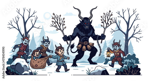 Winter folklore illustration of the mythical horned demon Krampus with his imp helpers in a snowy forest scene