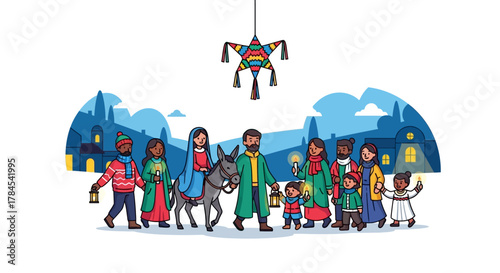 Foto Festive procession A diverse group celebrates with the star, lanterns, and Nativ