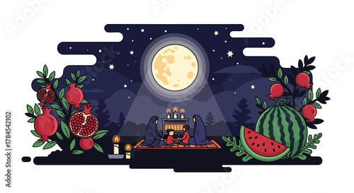 Yalda Night celebration with family gathered around table, full moon, pomegranates, and watermelon