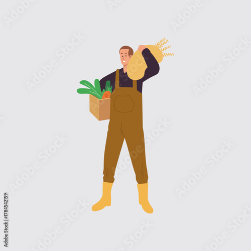 Vector illustration of a male farmer carrying harvested vegetables and a sack on his shoulder. The man wears brown overalls and yellow boots, representing agricultural work, farming, and rural life.