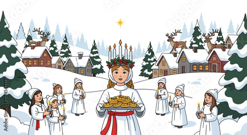 Traditional Winter Celebration Saint Lucia Day in a Snowy Village with Festive Carolers