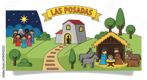 A festive Christmas illustration depicting the holy pilgrimage and the nativity scene with Mary, Joseph, and baby Jesus