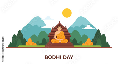 Serene illustration of Buddha meditating in a peaceful mountain landscape for a spiritual enlightenment celebration