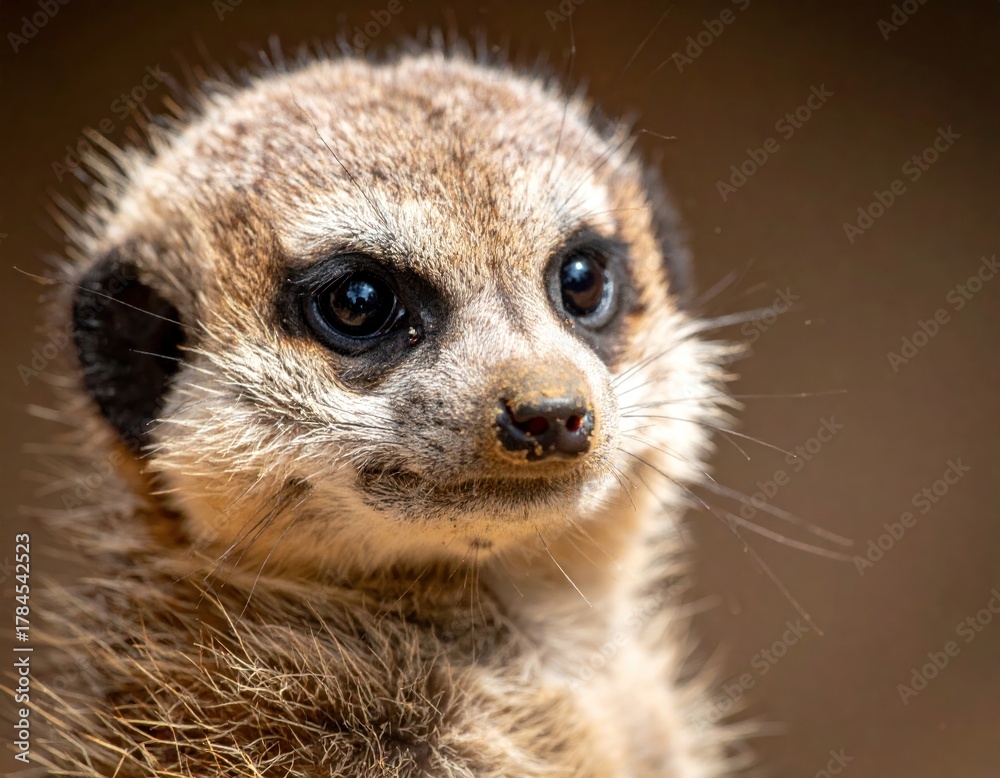 Fototapeta premium Close-up of a meerkat's face, showcasing its curious gaze