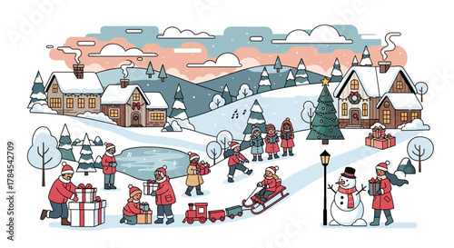 A charming winter scene depicting a festive village celebrating the holiday season with snow-covered houses, decorated trees, and joyful children playing outdoors