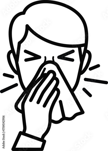 Sick person blowing nose with tissue vector illustration outline art eps silhouette