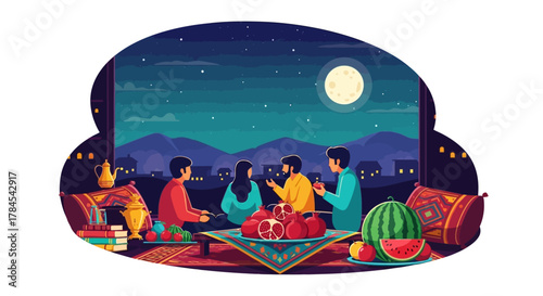 An illustration of a family and friends celebrating the traditional Persian festival of Yalda Night with pomegranates and watermelon