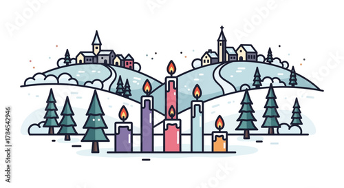 Advent wreath candles on a snow-covered hill with village and pine trees in the background