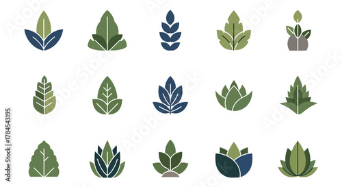 Collection of stylized leaf icons in shades of green and blue arranged randomly on a white background. Each icon varies in shape and size, suggesting diverse plant forms. Simple and abstract