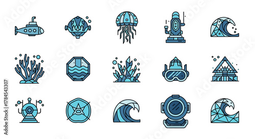 A collection of teal-toned illustrated underwater elements, showcasing various ocean life and diving equipment in a minimalist, flat style