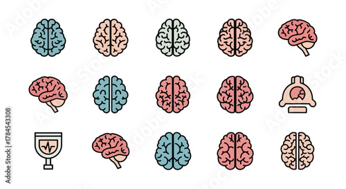 A collection of stylized brain illustrations in various views and colors, alongside a medical symbol