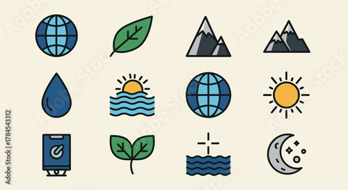 A collection of simple, stylized icons. Themes global, nature, and the environment. Elements globe, leaf, mountains, water, sun, boiler, leaves, wave, moon