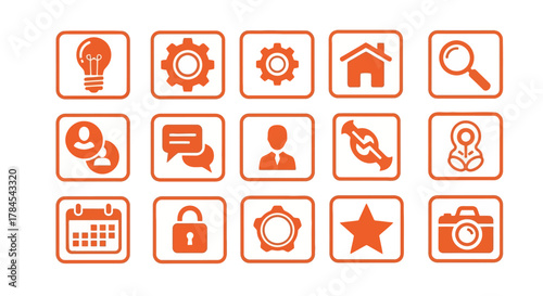 Vector illustration of various orange-colored icons within white squares, arranged in rows. These include a lightbulb, gear, house, magnifying glass, profile, chat bubble, user,  and camera