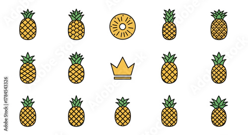 Colorful, stylized illustrations of pineapples, a crown, and a pineapple slice arranged symmetrically on a white background. The designs feature bold outlines and bright colors