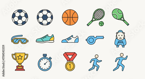 A collection of colorful sports-related illustrations, featuring balls, racquets, shoes, and figures. A trophy, stopwatch, medal, and other sports-themed icons are also depicted