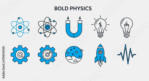 Blue and black line art icons representing physics concepts like atoms, magnet, gears, space, rockets, waves and light bulbs. The word "BOLD PHYSICS" is on top