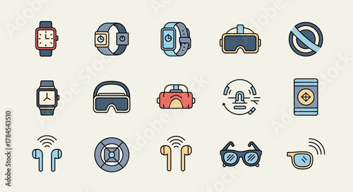 A collection of vibrant, flat-style icons showcasing tech devices. The image features smartwatches, VR headsets, earbuds, smart glasses, and other tech components, all with clean outlines