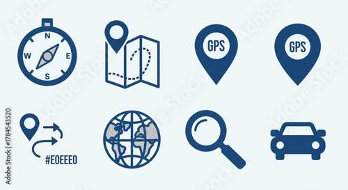 A set of eight vector icons, depicting navigation and travel concepts. Included is a compass, map, GPS markers, globe, magnifying glass, a car, and a route marker with a hexadecimal code