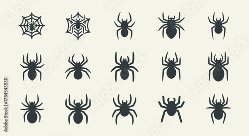 A series of stylized spiders and webs in a monochromatic palette. Different spider poses and web designs are repeated, arranged on a light background. Vector style illustration
