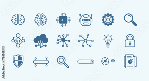 Collection of blue, tech-themed icons representing AI, networking, data, security, ideas, and analytics. Various outlines of brains, robots, gears, and cloud elements