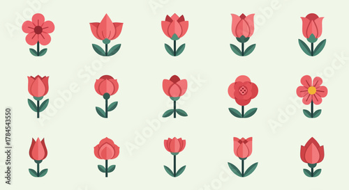 An array of stylized floral illustrations in varying shapes and stages of bloom, all in shades of red and green, set against a pale background