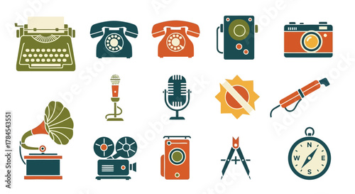 A flat design collection of vintage communication and navigation tools and instruments in various colors