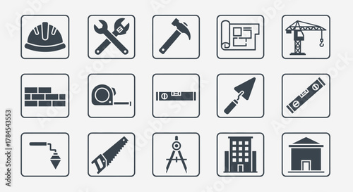 A collection of square icons depicting tools, equipment, and structures associated with construction. The image features a variety of construction-related visuals in a simple, graphic style