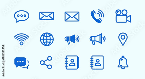 Set of blue outlined icons displayed on a light background. Icons represent communication, including messaging, email, calling, video, internet, location, contact, and notification symbols