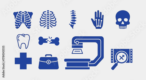Set of blue-toned medical icons, including skeletal anatomy, dental and diagnostic tools, and a medical cross. Imagery suggests a hospital, or medical field context