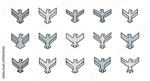 A collection of stylized eagle emblems in various designs, featuring monochromatic gray and white colors with black outlines. Each displays outstretched wings