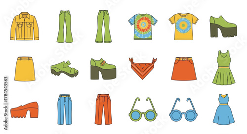 Collection of various fashion items, including tops, pants, skirts, dresses, shoes, and accessories. Bold lines and vibrant colors define the flat design of each illustrated item