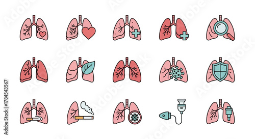 A set of illustrated lung icons, showcasing various states of health and conditions healthy, diseased, medical, and environmental issues