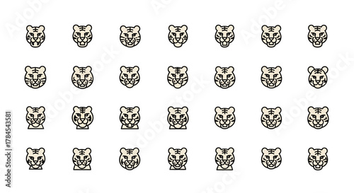 A grid of stylized tiger faces in a flat, illustrative style. Each face has a neutral, creamy background, black outlines and black stripe details. Different facial expressions