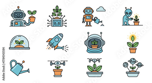 A collection of vibrant illustrations showcasing future concepts. Robots, aliens, and space travel are combined with plants, gardening, and technological elements
