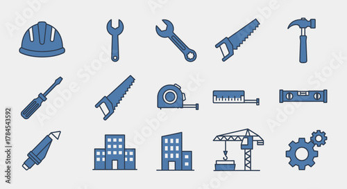 A collection of blue outline icons depicting tools, buildings, and construction equipment, including a hard hat, wrenches, saws, hammer, screwdriver, tape measure, level, buildings, crane, and gears