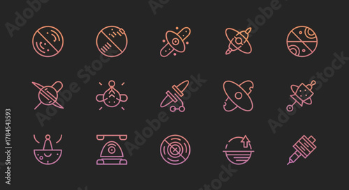 A dark grey background showcases 15 gradient-filled, line-drawn icons in a pink-orange hue. The icons depict a variety of abstract shapes, with many resembling spacecraft or scientific instruments