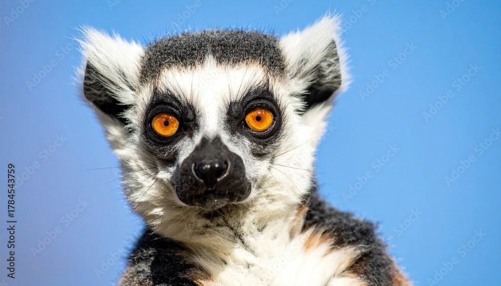 Obraz premium Close-up of a ring-tailed primate with striking orange eyes against blue sky