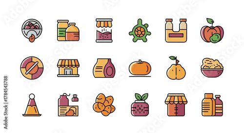A collection of vibrant, simple flat-style icons featuring food, containers, a shop front, a life ring, a turtle, fruit and various products. Colorful vector illustrations
