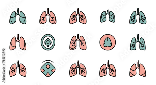 A collection of stylized lung illustrations in various colors and arrangements, alongside related icons. The images emphasize the respiratory system through minimalist design