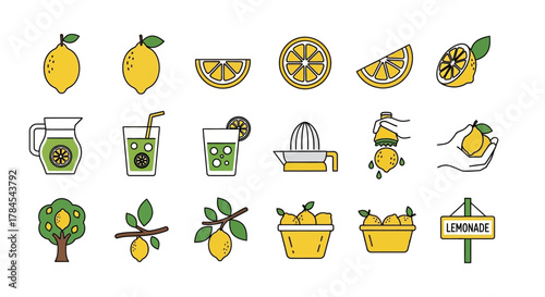 A collection of simple, flat illustrations depicting lemons, their preparation, and products, including juice, lemonade and a lemonade stand