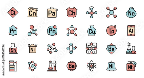 A collection of 24 colorful, minimalist icons. They depict symbols, atomic structures, and chemical elements in geometric shapes and lab equipment. Rounded lines are used with pastel colors