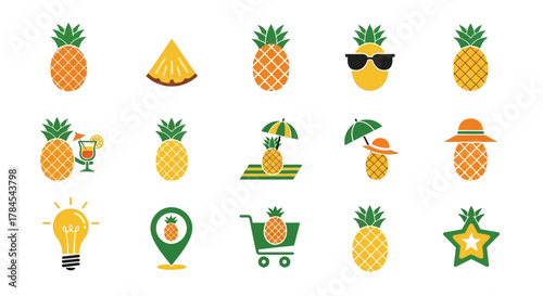 A collection of stylized pineapple illustrations. Some include sunglasses, drinks, umbrellas, and hats, while others appear as a star or in a shopping cart. The designs are simplistic