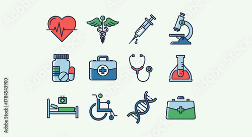 Collection of flat-design medical icons heartbeat, caduceus, syringe, microscope, pills, first-aid kit, stethoscope, flask, hospital bed, wheelchair, DNA, and medical bag
